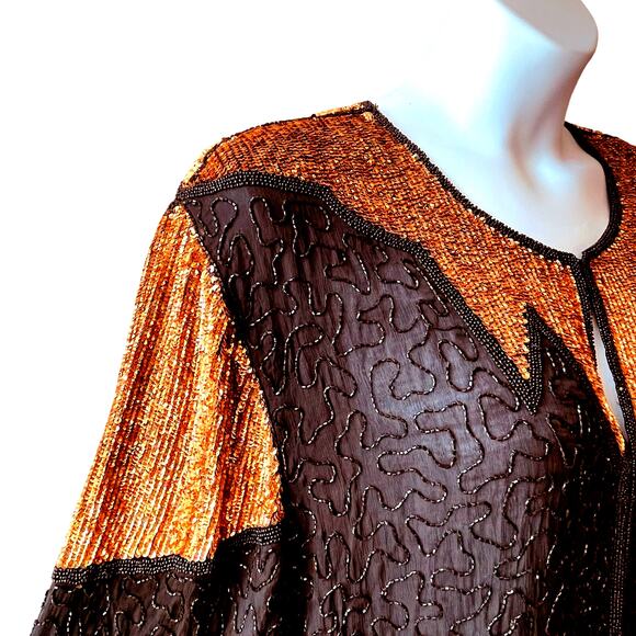 VINTAGE 80s Jet Bead & Copper Sequined Silk Evening Jacket Top Size XL - Picture 2 of 5